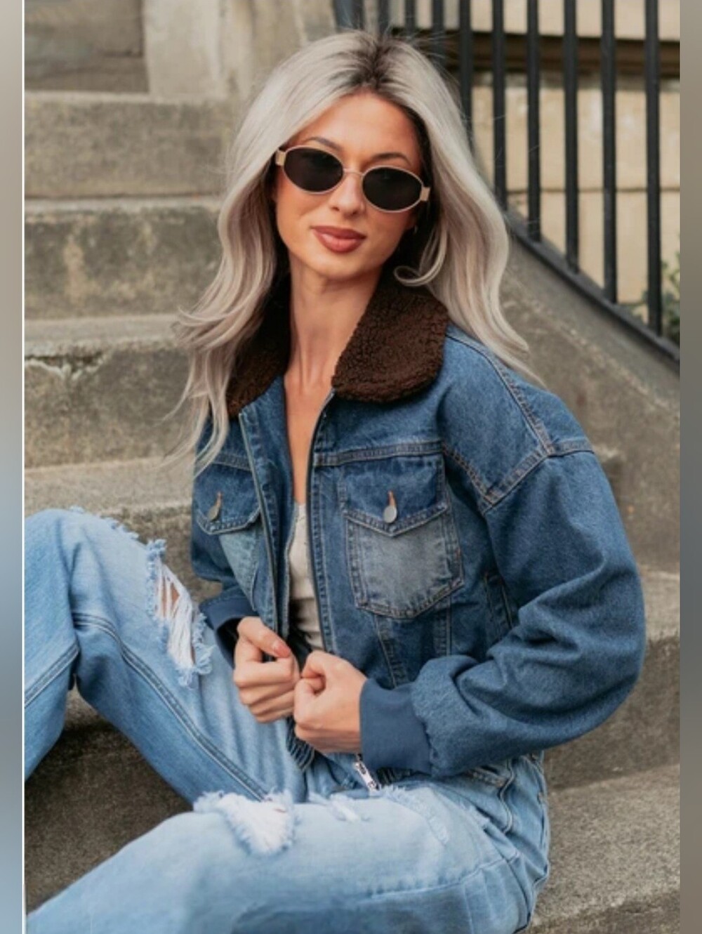 NWOT Blue Blush Denim Zip Up Bomber With Teddy Sherpa Collar